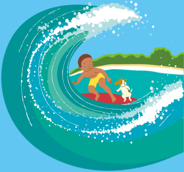 一个男孩和一只狗一起冲浪图片下载