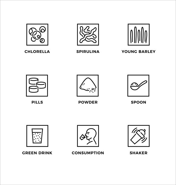 矢量集的设计元素，标志设计模板，图标和徽章的超级食物-小球藻，螺旋藻，年轻的大麦。图片下载