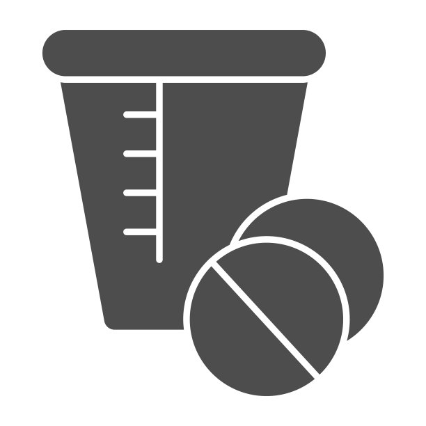 玻璃测量和药丸固体图标，医疗概念，玻璃测量烧杯和药丸标志在白色背景，量杯和平板图标在移动的象形风格。矢量图形。图片下载