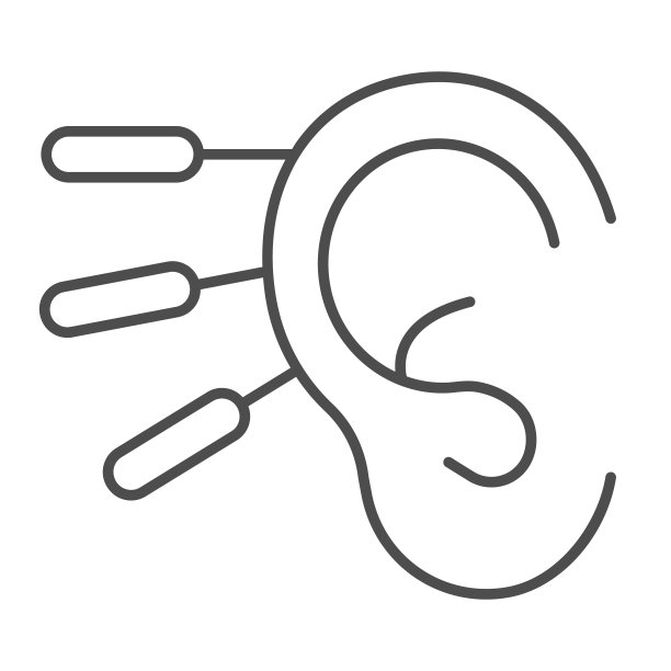 针灸和人耳细线图标，替代医学概念，中医助听器标志在白色背景，耳朵与针灸针的图标在轮廓风格。矢量图形。图片下载