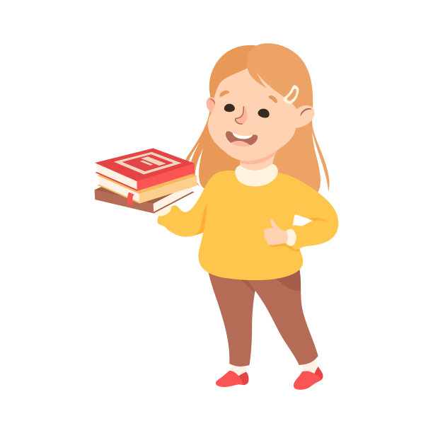 可爱小女孩抱着一堆书，学龄前女孩读着书，享受文学，儿童教育概念卡通风格矢量插画图片下载