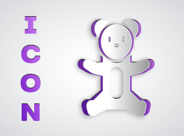 剪纸泰迪熊毛绒玩具图标孤立在灰色背景。纸艺术风格。向量图片下载