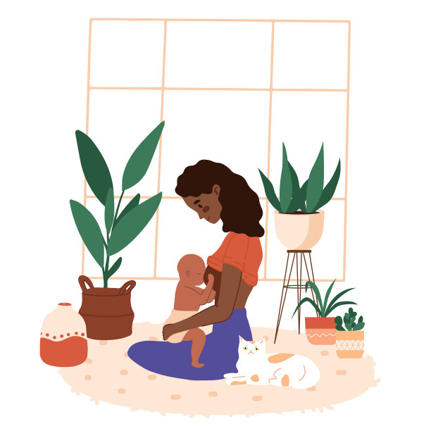 非洲妇女以莲花姿势哺乳她的新生儿，家丛林。母亲抱着婴儿在室内。时尚的斯堪的纳维亚hygge室内，客厅。快乐的母性，自然的喂养理念图片下载