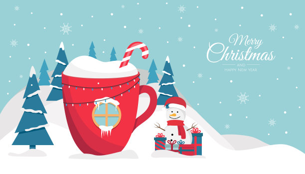 圣诞杯里装着饮料，形状是树林里的房子。邀请或季节问候的背景。图片下载