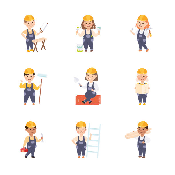 可爱的小建设者设置，男孩和女孩在安全帽和蓝色工作服与建设工具卡通风格矢量插图图片下载