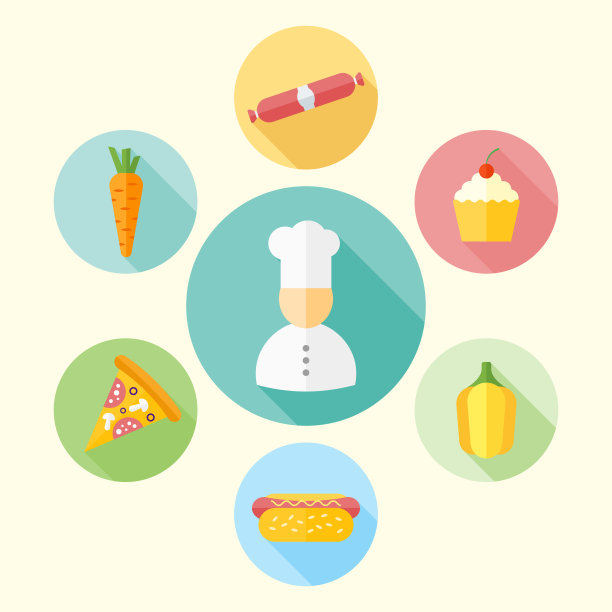 厨师厨师和食物平面设计圆形图标与长影子图片下载