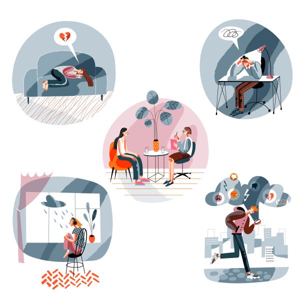 抑郁的人。女人感到孤独，悲伤，男人焦虑，心理治疗，女孩心碎。心理健康和支持矢量插图图片下载