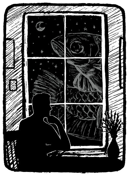 窗外的大鱼。手绘矢量插图在单色的颜色。抽象复古图形绘制孤立在白色。单一元素设计印刷，衬衫，海报，排版，装饰。图片下载