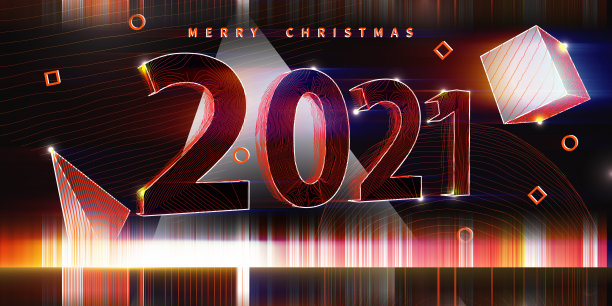 3D插图2021数字与模糊线在黑色。未来主义概念在几何风格的背景。图片下载