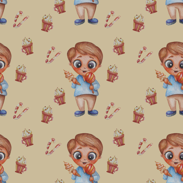 无缝模式。爱吃甜食的男孩用糖果和冰淇淋在他的手在一个淡黄色的背景与糖果。儿童收集。水彩。手绘图片下载