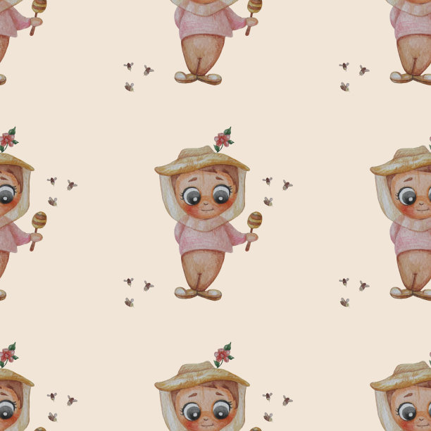 无缝模式。养蜂人的男人。可爱的小男孩，戴着一顶养蜂人的帽子，帽子上有一朵红色的花，浅米色的背景上有蜜蜂。水彩。手绘。养蜂场的概念图片下载