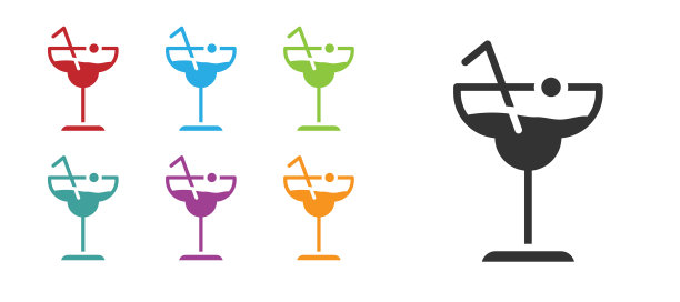 黑色鸡尾酒和酒精饮料图标孤立在白色背景。设置图标丰富多彩。向量图片下载