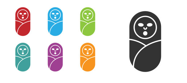 黑色新生儿婴儿襁褓或襁褓图标孤立在白色背景。婴儿小孩裹在毯子衣服里。设置图标丰富多彩。向量图片下载