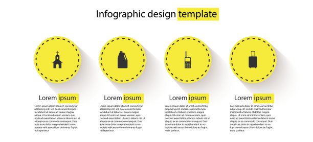 集教堂建筑、家用化学品瓶、对讲机、旅行箱等于一体。业务信息模板。向量图片下载