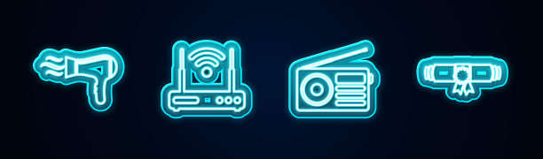 设置线路吹风机，路由器和wi-fi，收音机和文凭滚动滚动。发光的霓虹灯图标。向量图片下载