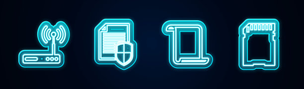 设置线路路由器和wi-fi，文件保护，纸卷和SD卡。发光的霓虹灯图标。向量图片下载