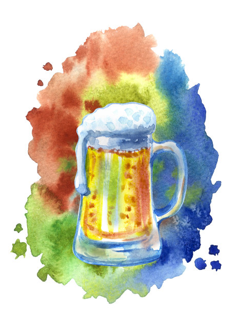 一杯啤酒在彩色的抽象背景，水彩画图片下载