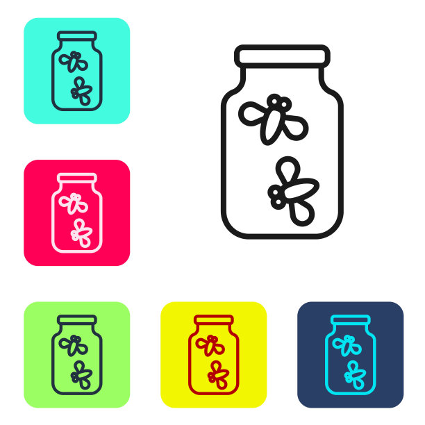 黑线萤火虫虫在一个罐子图标孤立在白色背景。设置图标为彩色方框按钮。向量图片下载