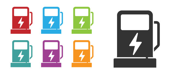 黑色电动汽车充电站图标孤立在白色背景。环保电动燃油泵标志。设置彩色图标。向量图片下载