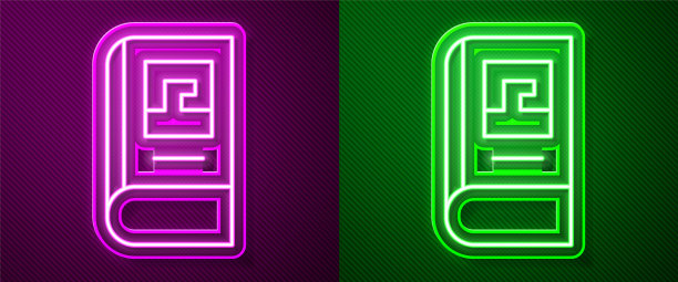 发光的霓虹灯线希腊历史书图标孤立在紫色和绿色的背景。向量图片下载