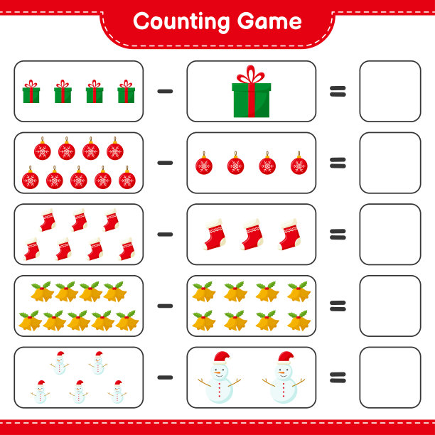 数数游戏，数数圣诞装饰的数量并写出结果。教育儿童游戏，可打印的工作表，矢量插图图片下载