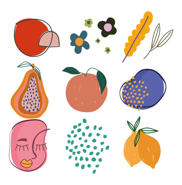 涂鸦当代脸水果花叶子图标孤立的设计图片下载