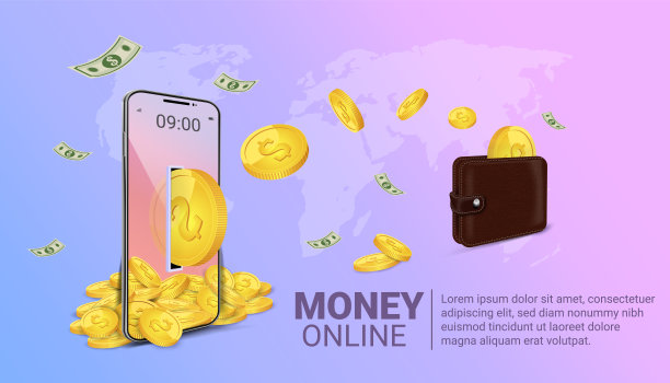 手机网上赚钱，资金流，赚钱或赚钱。金融储蓄。钱在网上消费。钱包在线。在线支付。金融业务。通过手机消费。移动购物。图片下载