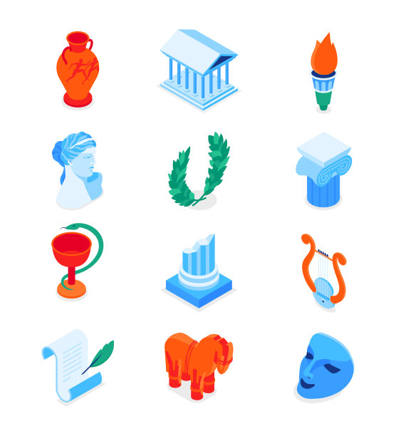 古希腊-现代彩色等距图标集图片下载