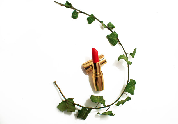 红色的口红在金色的管与绿色的叶子在树枝上在白色的背景图片下载