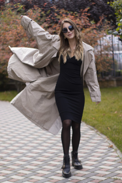 迷人苗条的年轻黑发女子穿着时尚的风衣，黑色的连衣裙和太阳镜在公园里。秋天,黄色的叶子图片下载