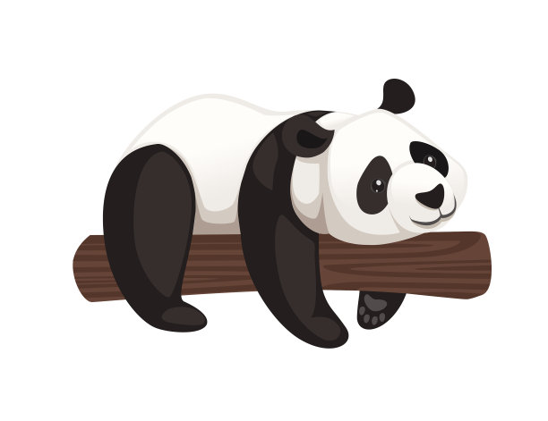 可爱的大熊猫躺在树干上的卡通动物图片下载