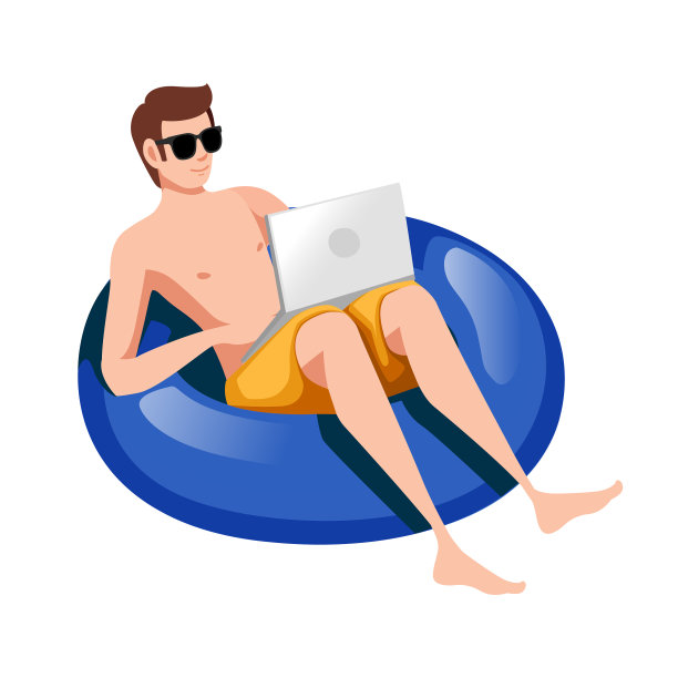 一个年轻人漂浮在一个蓝色的充气圈上图片下载