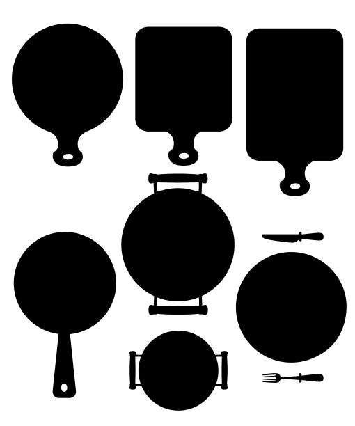 厨房用具设置木切板平底锅图片下载