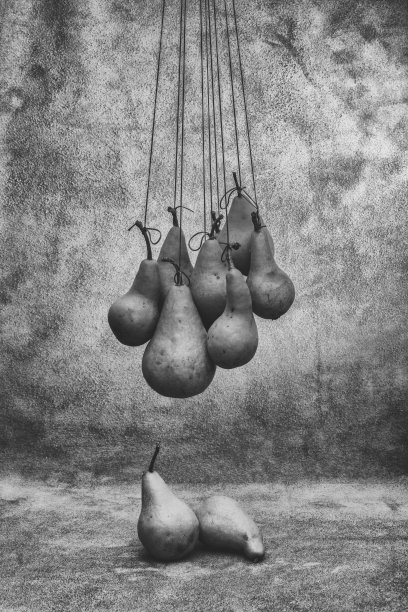 黑色和白色的静物与成熟的梨图片下载
