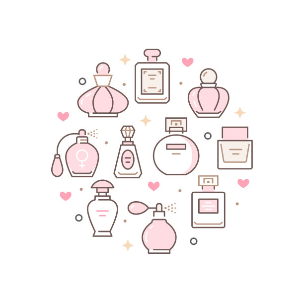 香水瓶圈海报与线条图标。矢量插图包括作为玻璃喷雾器图标，豪华香水取样器，精油，古龙水轮廓象形图化妆品商店传单或宣传册图片下载