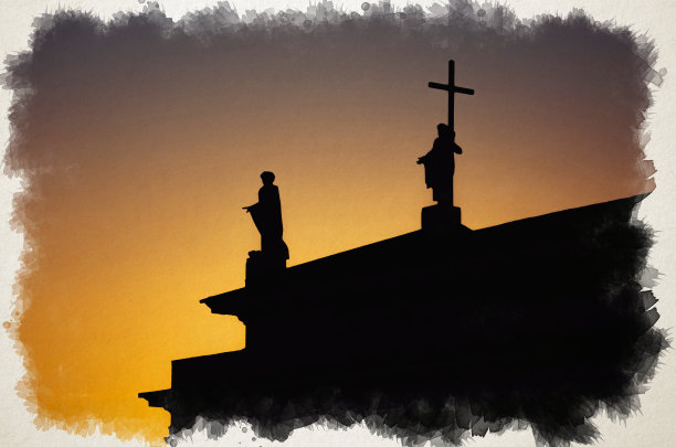 圣斯坦尼斯劳斯大教堂和圣弗拉迪斯拉夫大教堂广场屋顶上的纪念碑剪影水彩画，日落时五颜六色的夜空，立陶宛维尔纽斯图片下载