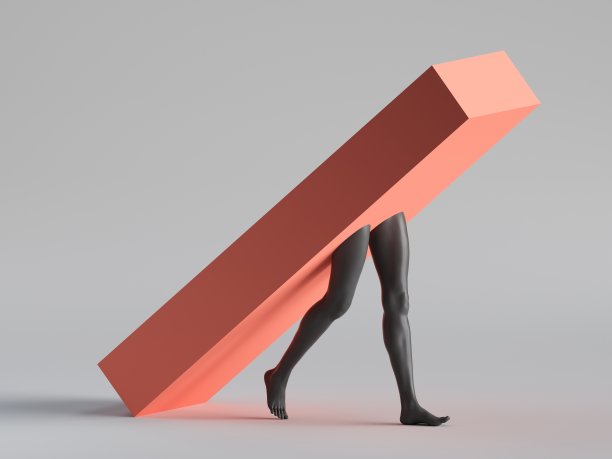 3d渲染，抽象的最小超现实概念。红盒子与黑色人体模型腿行走，孤立在白色背景。现代时尚构图，滑稽怪胎表演。当代艺术图片下载