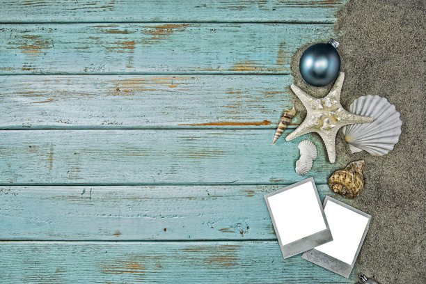 圣诞贝壳在沙子上的蓝色木材背景与空白照片图片下载