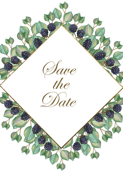 水彩手绘自然婚纱框，绿桉叶，紫莓枝花束，金色边框，请柬日期文字保存图片下载