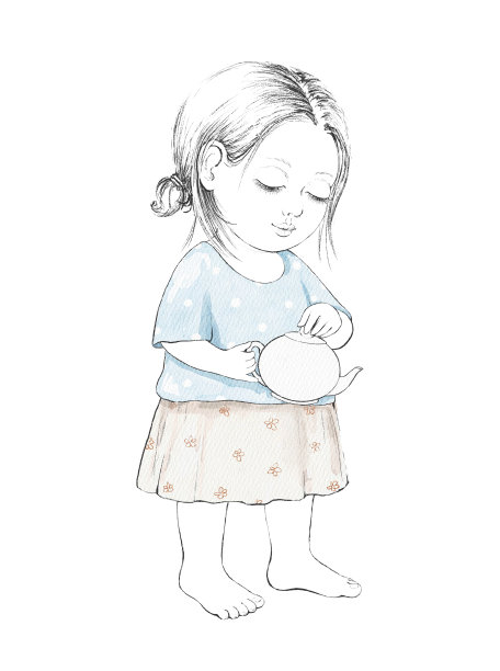 水彩素描与复古卡通小女孩与茶壶图片下载