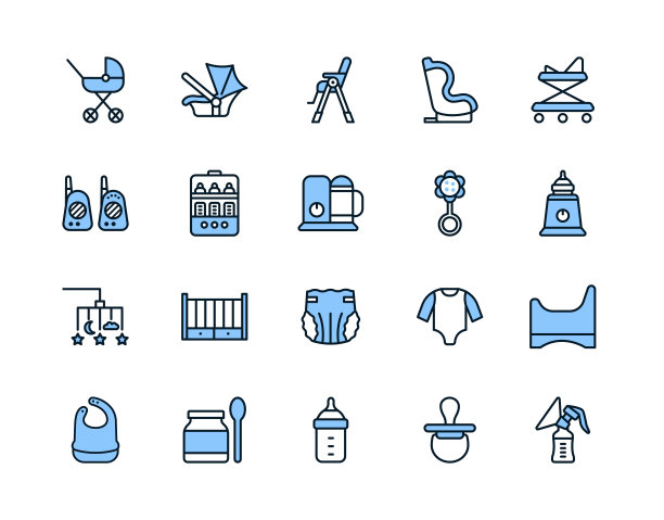婴儿物品平线图标设置蓝色。矢量插图是宝宝和父母必备的东西。可编辑的中风图片下载