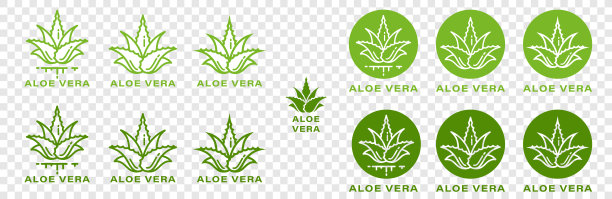 天然有机产品包装芦荟绿叶标签。芦荟叶圆图标标志为化妆品或润肤霜和护肤乳液包装设计模板。矢量插图。图片下载