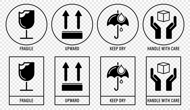易碎包装图标设置，小心处理物流和交付运输标签。易碎箱，保持伞干燥，货物警示矢量标志图片下载