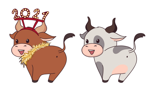 一套两只快乐的小奶牛戴着圣诞帽和围巾。手绘矢量插图儿童着色书。白色背景上的2021年的象征。图片下载