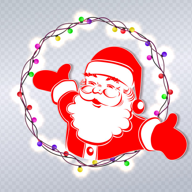 圣诞节的组成元素。圣诞老人张开双手的剪影，发光的灯泡的圆形花环图片下载