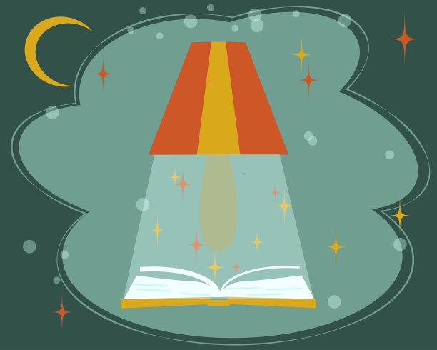 读书是一项令人兴奋的活动。一本打开的书，一盏台灯，美丽的云，月亮和星星在闪烁。矢量插图在时尚的平面风格设计在社交网络，儿童相册。图片下载