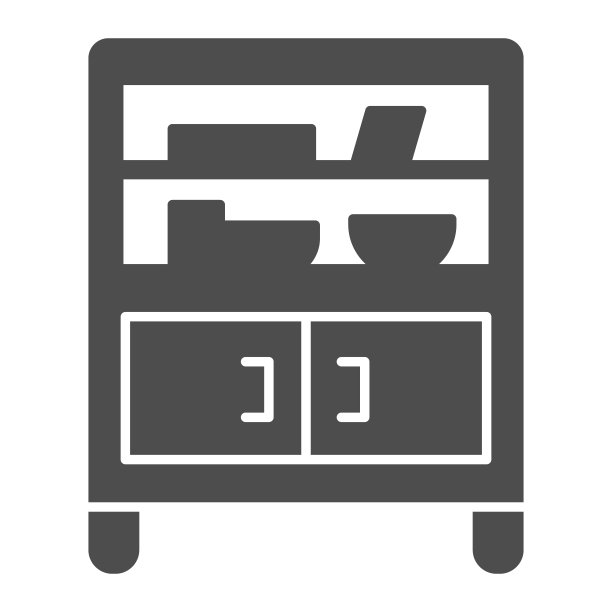 橱柜与玻璃和货架固体图标，家具概念，自助餐标志在白色背景，橱柜与厨房用具图标在移动和网页设计的字形风格。矢量图形。图片下载