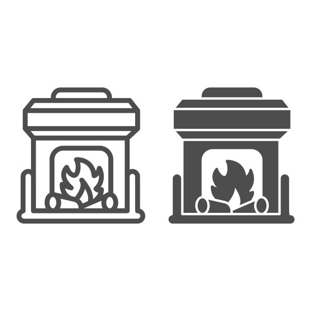 壁炉与篝火线和固体图标，家具概念，冬季室内篝火标志上的白色背景，壁炉图标在移动概念和网页设计的轮廓风格。矢量图形。图片下载