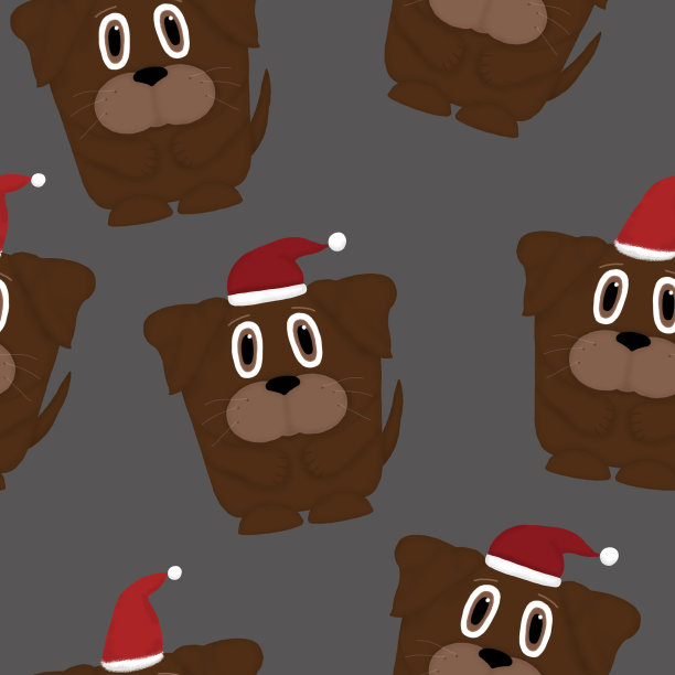 无缝图案与狗与圣诞老人帽子在灰色背景图片下载