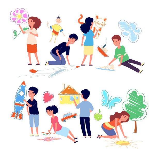 孩子们在地板上画画。卡通女孩画蜡笔。艺术幼儿园的孩子走路。快乐学前儿童画矢量插图图片下载